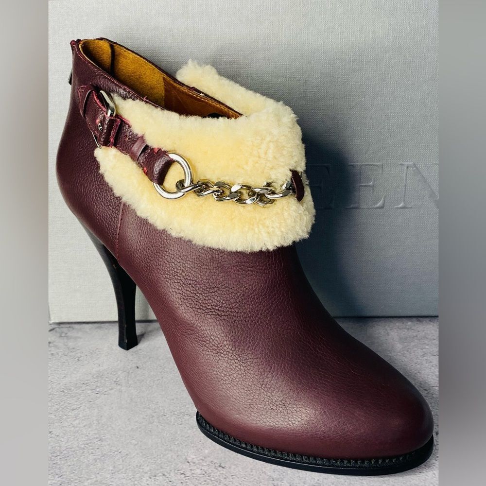 Alexander McQueen Burgundy Leather Shearling Trim Ankle Boots. Authentic